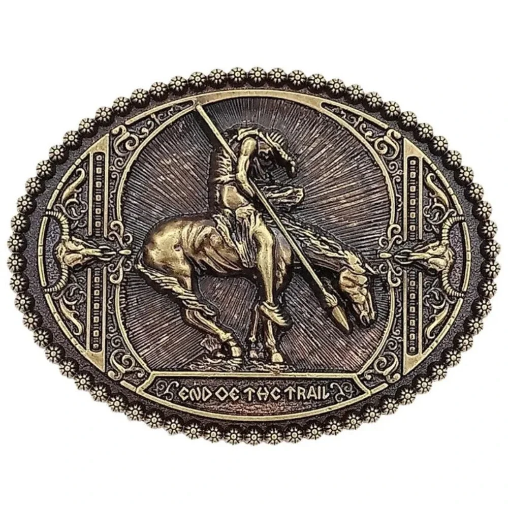 End of the Trail Belt Buckle Western Native American Horse Brass Bronze Oval NWT